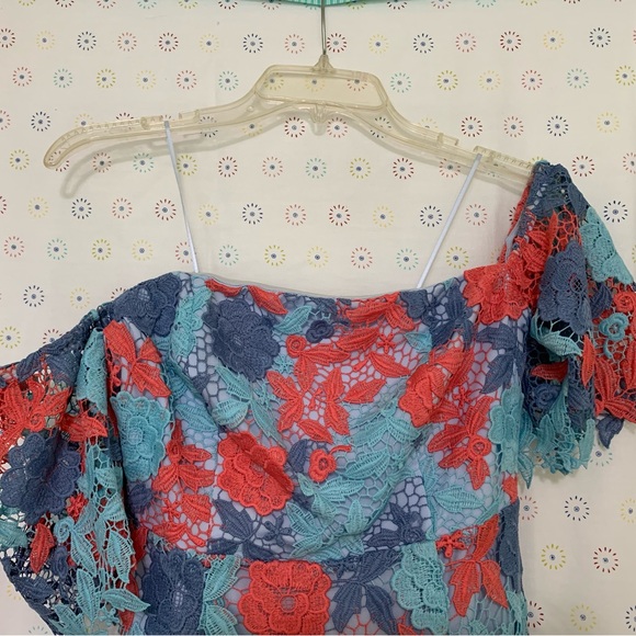 Sam Edelman Lace Dress Size 0 Pink Blue Lined Off On Shoulder Midi Pencil - Picture 2 of 9